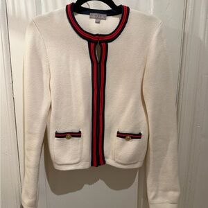 J. Crew Ivory Sweater with Navy and Scarlet Accents